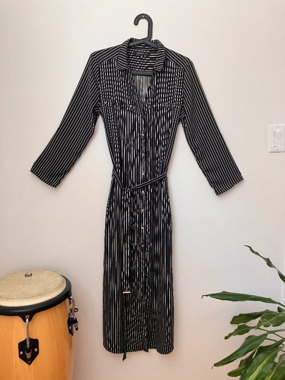 Dynamite Black White Stripe Midi Shirt Dress | Gold Buttons | Belted | 3/4 Sleev